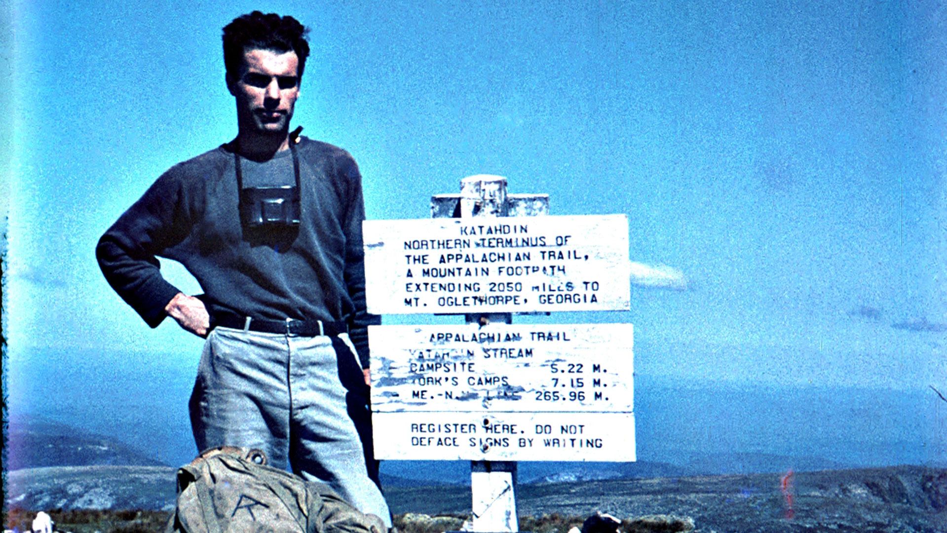 World War II veteran Earl Shaffer stands on the summit of Katahdin at the end of his 1948 thru-hike, becoming the first known A.T. thru-hiker.