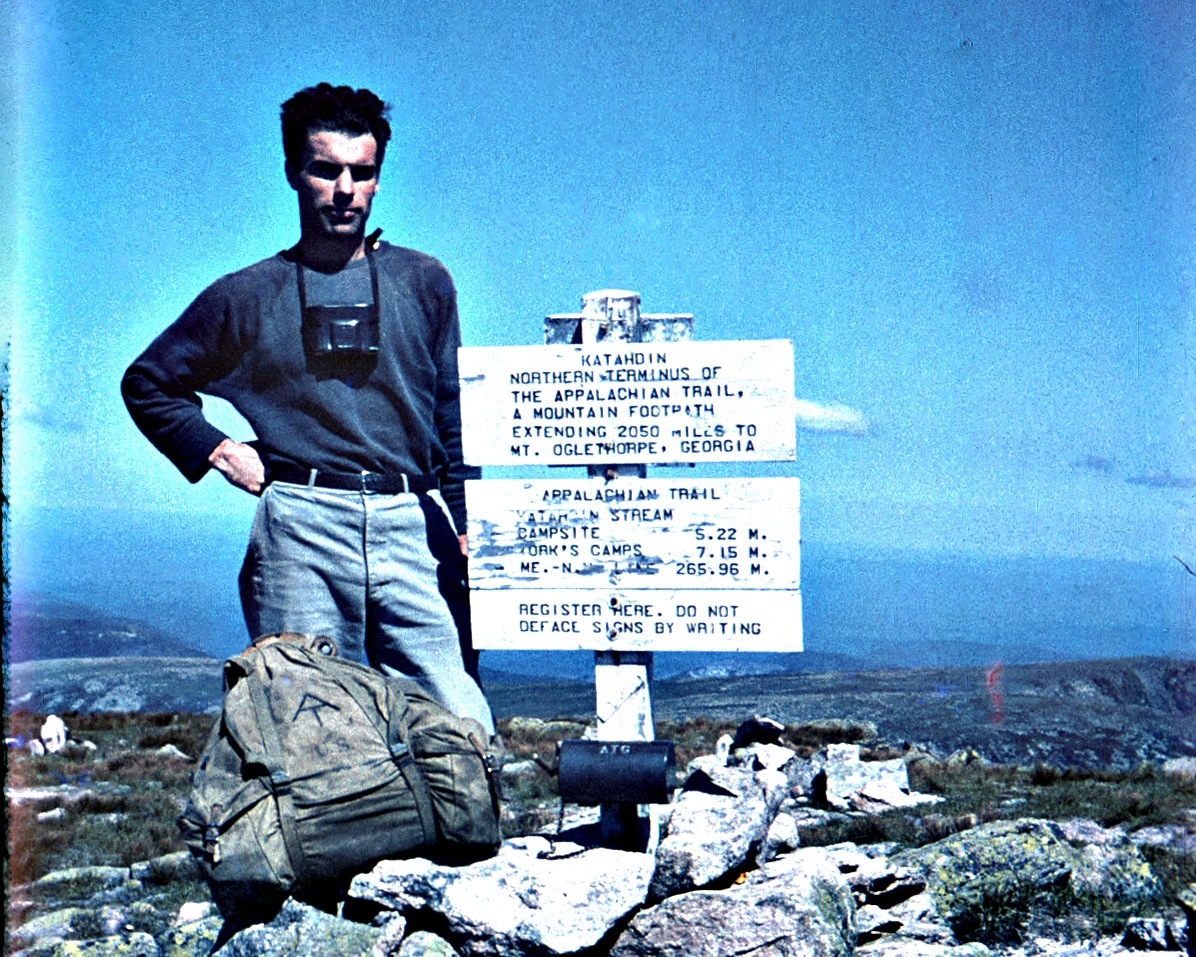 Earl Shaffer stands atop Katahdin at the end of his 1948 A.T. thru-hike.