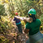 Two volunteers wearing hardhats and gloves carrying a stripped log down the trail for use in construction.
