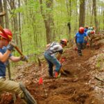 Volunteers use tools along a section of Trail