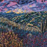 Colorful painting of vegetation, mountains, and sunset