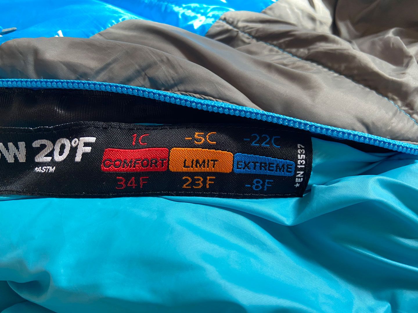 Backpacking sleeping bag temperature label