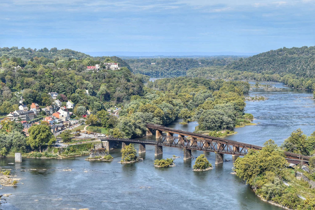 Aerial view of a bridge crossing a river