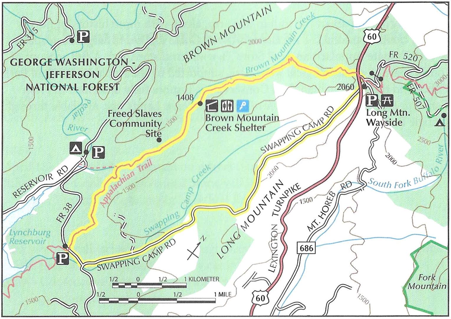 Brown Mountain Creek Appalachian Trail Loop Hike Map