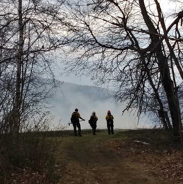 Three fire managers walk through smoke during a prescribed burn