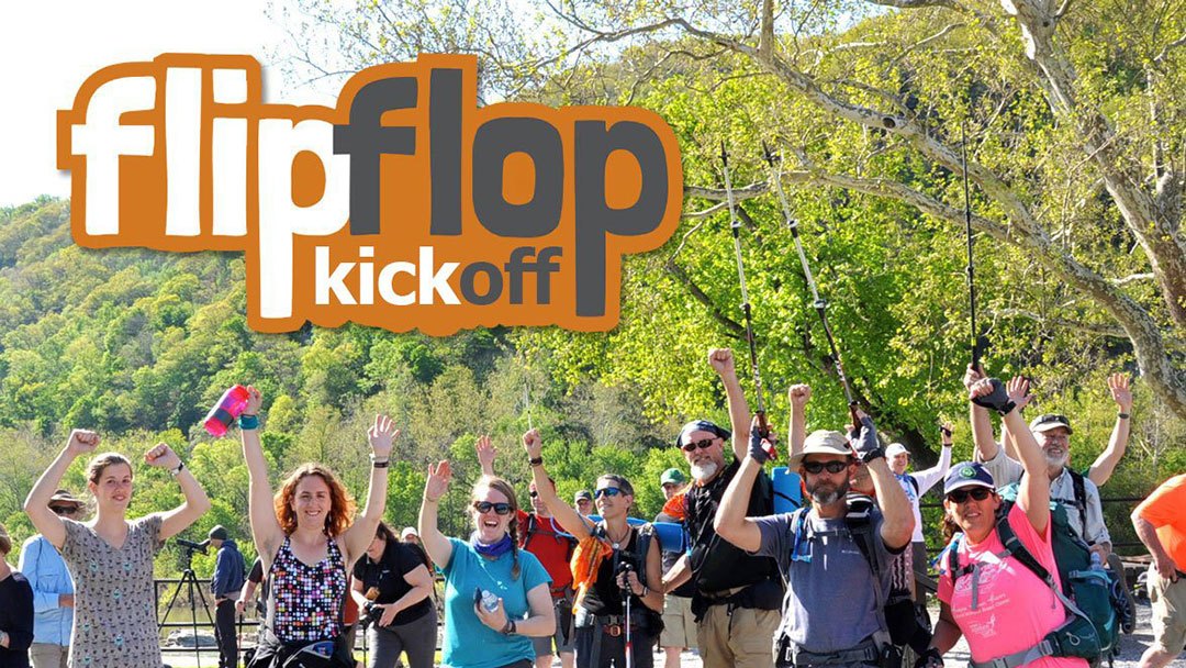 Flip-Flop Kickoff graphic over hikers cheering