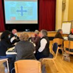 People meeting around a conference table with a presentation on a screen in the background