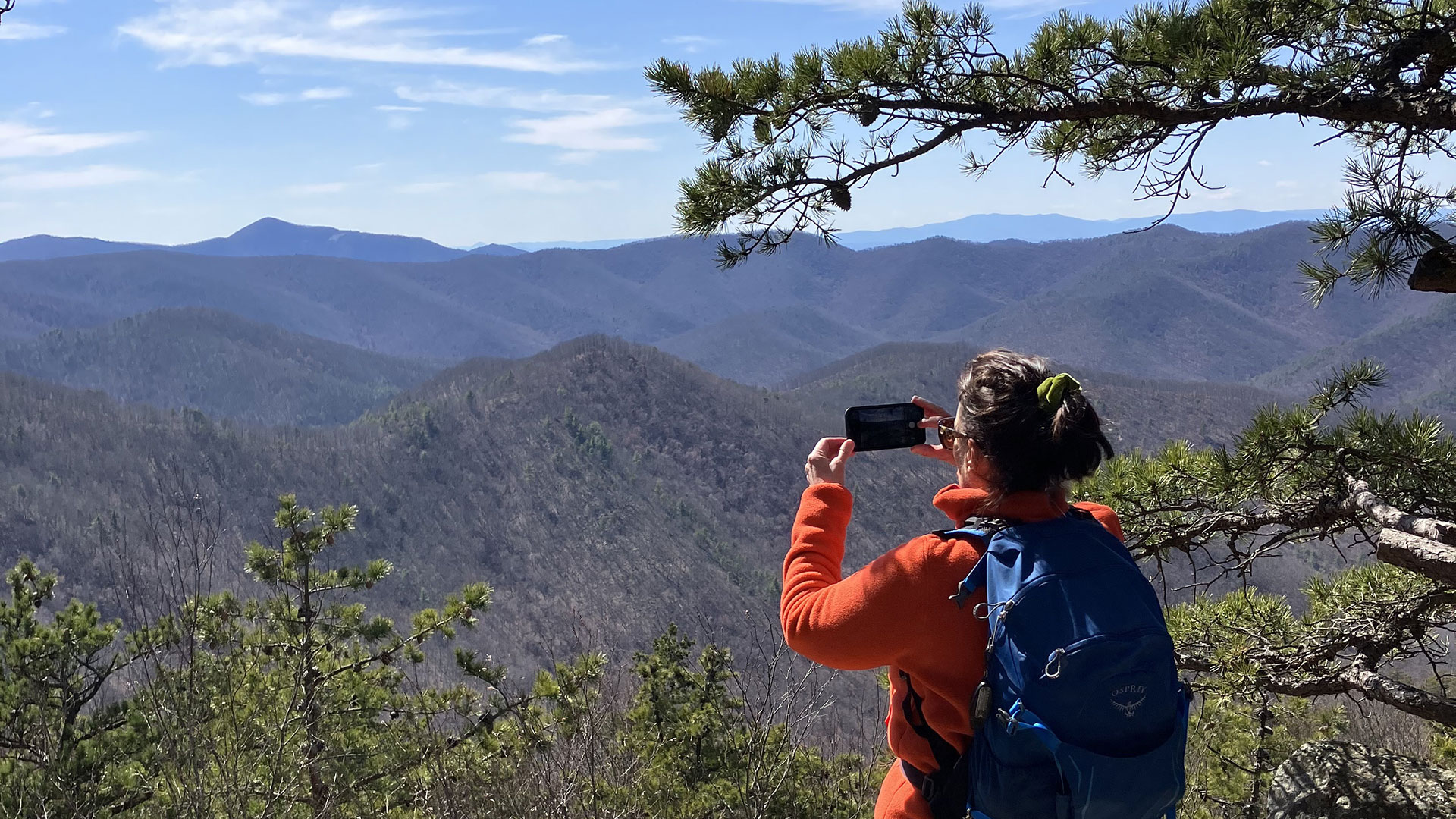 A hiker turns away from the camera to take a photo of a valley with her phone