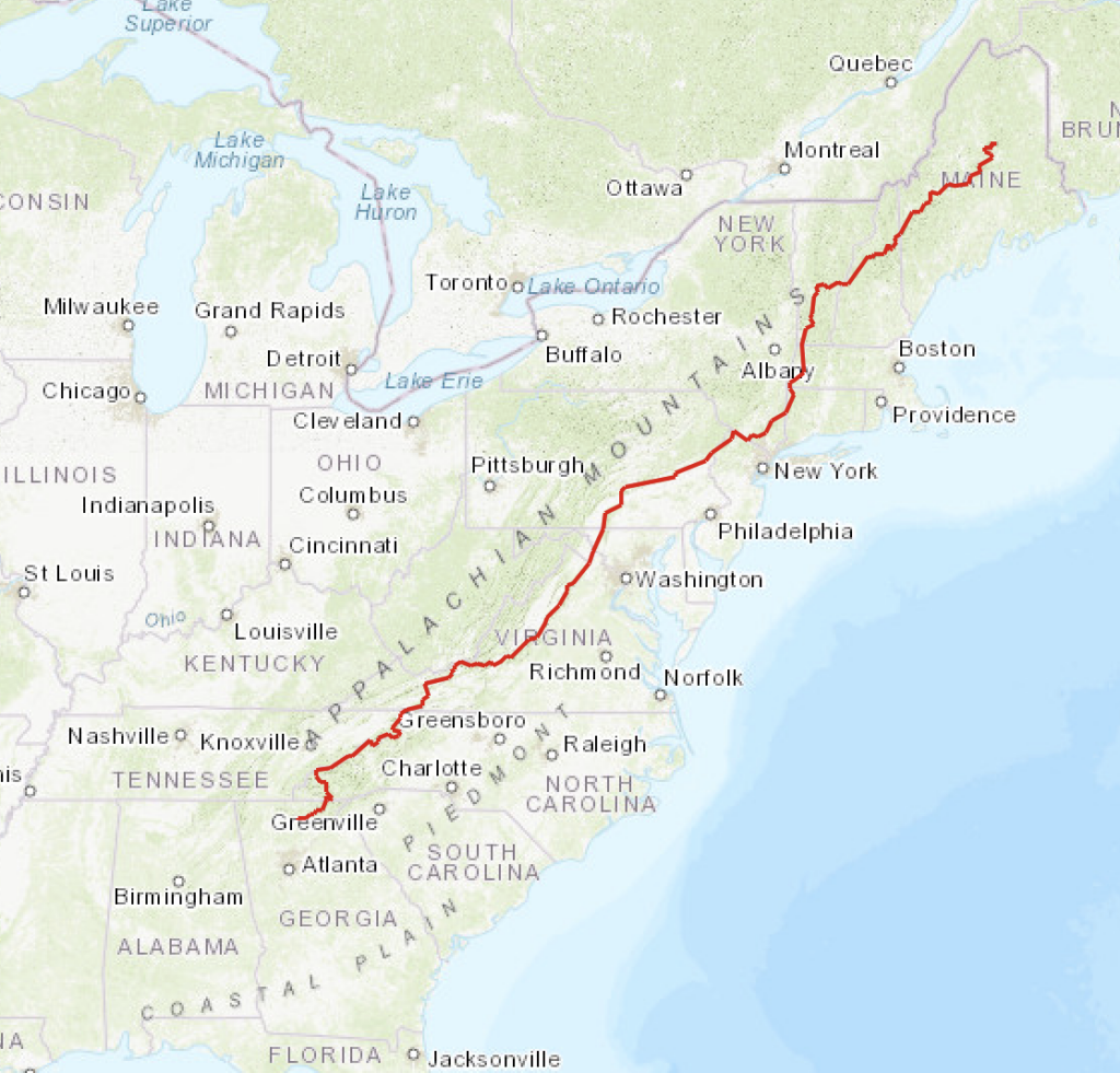 Map of eastern half of the United States with a red line showing the route of the Appalachian Trail through 14 states