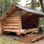 Three-sided wooden shelter with roof in the woods
