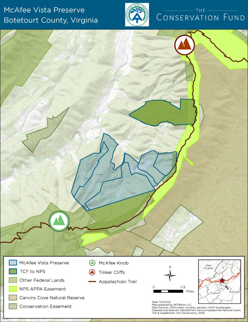 Map showing McAfee Vista Preserve along the A.T.