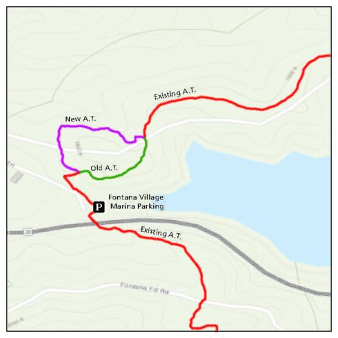 Map shows a re-routed section of the A.T. near Fontana Dam in North Carolina
