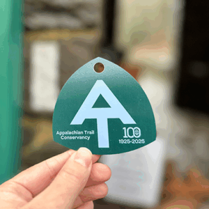 Centennial ATC hangtag in pine green and mountain breeze blue with '100 Years' and AT symbol