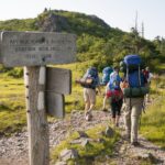 Three hikers with packs walk through a meadow on the Appalachian Trail, passing a trail sign."