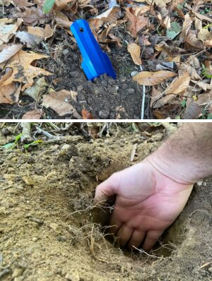 Photo one: a metal trowel in the dirt. Photo two: Using your hand to measure the depth of your cat hole