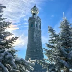 Veterans War Memorial Tower covered in snow