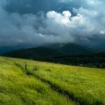 Lush mountain bald with dark storm clouds in the distance