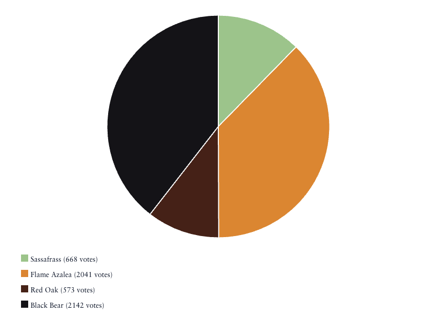 Pie chart showing breakdown of poll results: 2142 votes for Black Bear, 2041 votes for Flame Azalea, 668 votes for Sassafras, 573 votes for Red Oak
