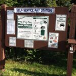 Self-service pay station board with posted informational flyers