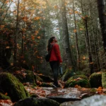 Woman standing in forest looking up at the trees