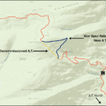 Map showing the Appalachian Trail War Spur Relocation in dark blue, with the decommissioned A.T. path highlighted in yellow.