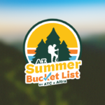 Logo for ATC Summer Bucket List featuring a hiker among evergreen trees inside a circular sunset with yellow, orange, and blue bands (by ATC x Altra)