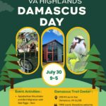 Poster for Damascus Day by the Appalachian Trail Conservancy promoting July 30, 9am–5pm at Damascus Trail Center with activities listed.