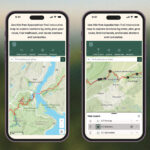 Two smartphones showing an Appalachian Trail interactive map with trail routes, shelters, and map layers side by side.