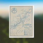 Hand-drawn map of the Appalachian Trail with the main route and labeled sections in blue ink