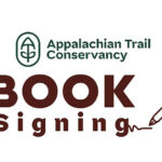 Appalachian Trail Conservancy logo above the words 'BOOK Signing' with a brown pen drawing, indicating a book signing event.