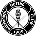 Portsmouth Outing Club logo: circular badge with a fishing fly at center and two crossed oars, 1909.