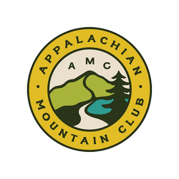 Circular Appalachian Mountain Club logo: yellow border with 'AMC' and 'Appalachian Mountain Club' text surrounding a scene of green mountains, a blue river/lake, and a pine tree.