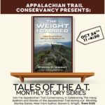 Event poster for Appalachian Trail Conservancy; features the book cover 'The Weight I Carried' and the date Oct 24, 11–4:30.