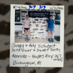 Chrissy and her daughter Ady pose in front of a stone wall with an Appalachian Trail Conservancy sign; handwritten notes fill the bottom of a Polaroid frame.
