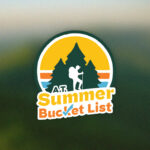 Logo for A.T. Summer Bucket List: a hiker silhouette among pine trees inside a circular sunset with yellow, orange, and blue stripes; bold 'Summer Bucket List' text beneath.