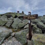 Wooden sign readung "Crawford Path to Summit" points towards a rocky mountain summit.